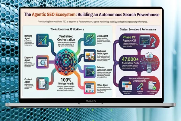 Agentic SEO system architecture with 7 specialized AI agents