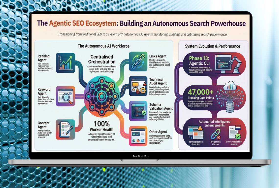 Agentic SEO system architecture with 7 specialized AI agents